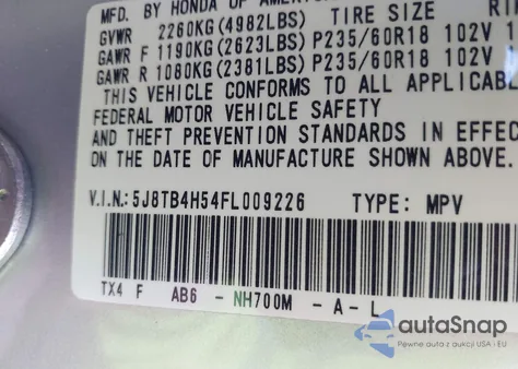 2015 Acura Rdx from USA, damaged, VIN 5J8TB4H54FL009226